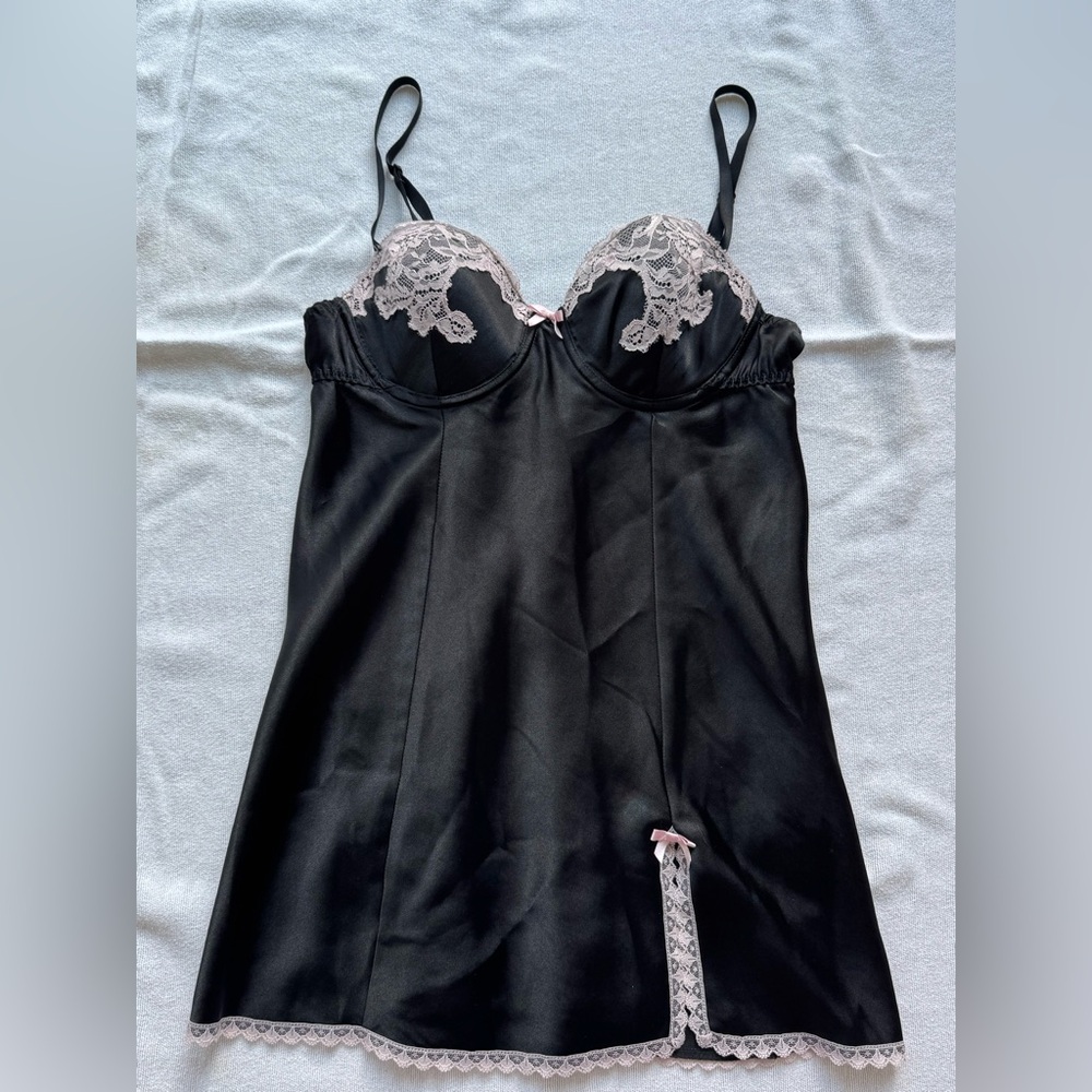 Black Satin Slip Chemise with Pink Lace Trim - Women Intimates